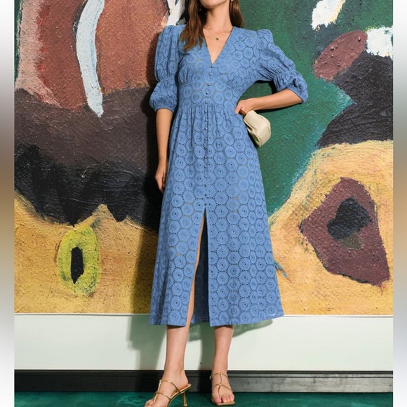 RIHOAS Dresses & Skirts - Rihoas The Blue Puff Sleeve Cutout Slit Maxi Dress